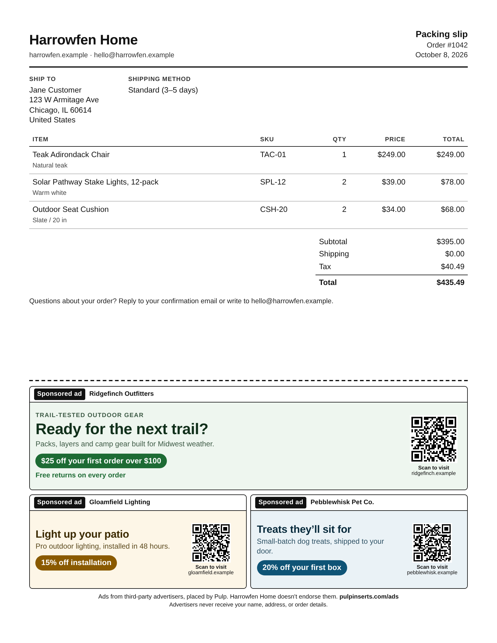 Sample packing slip from a fictional store, Harrowfen Home. The order details, ship-to address and three items fill the top of the page. Below a dashed line are three offers, each in its own box with a black “Sponsored ad” label and the advertiser’s name: an outdoor gear offer from Ridgefinch Outfitters, a lighting offer from Gloamfield Lighting and a pet treats offer from Pebblewhisk Pet Co., each with a QR code. A footer says the ads are from third-party advertisers placed by Pulp and the store doesn’t endorse them.